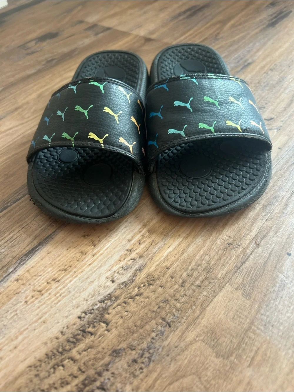 Puma Black Kids' Slide Sandals with Rainbow Puma Logos